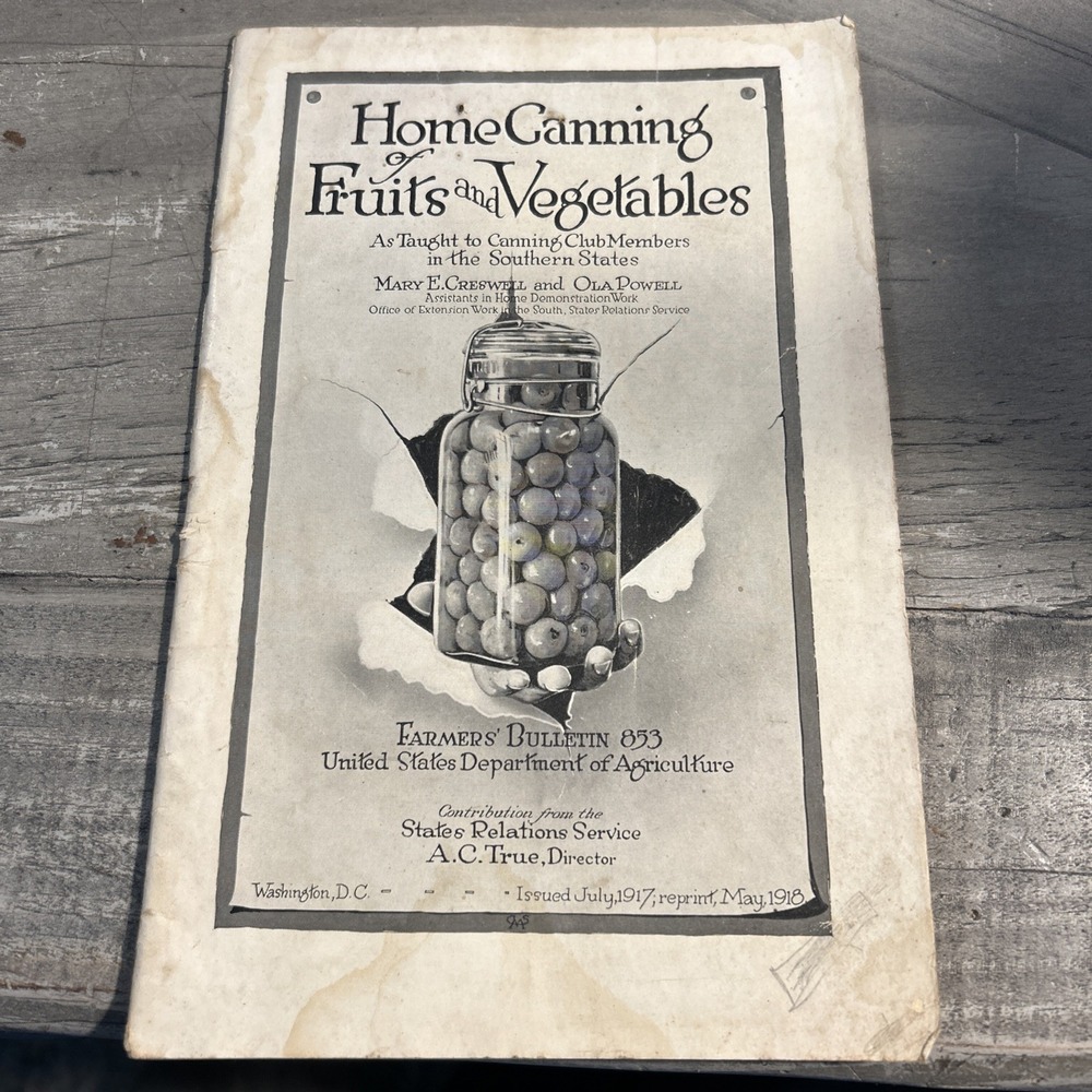 ANTIQUE 1917 HOME CANNING FRUITS and VEGETABLES DEPT OF AGRICULTURE BULLETIN 853